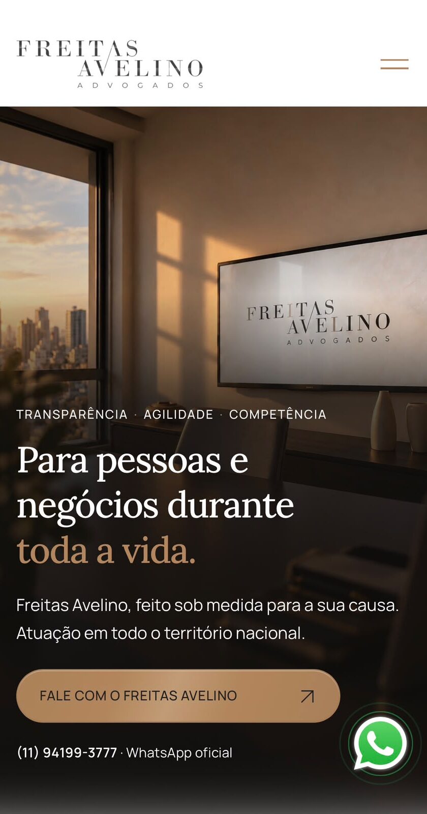 Landing page com blog integrado da Freitas Avelino Advogados, escritório de advocacia com atuação nacional
