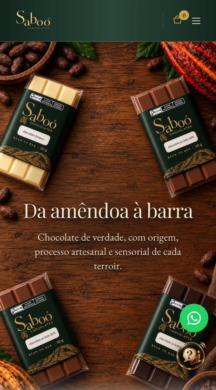 Site da Saboó Chocolates, e-commerce de chocolates bean to bar com clube de assinatura